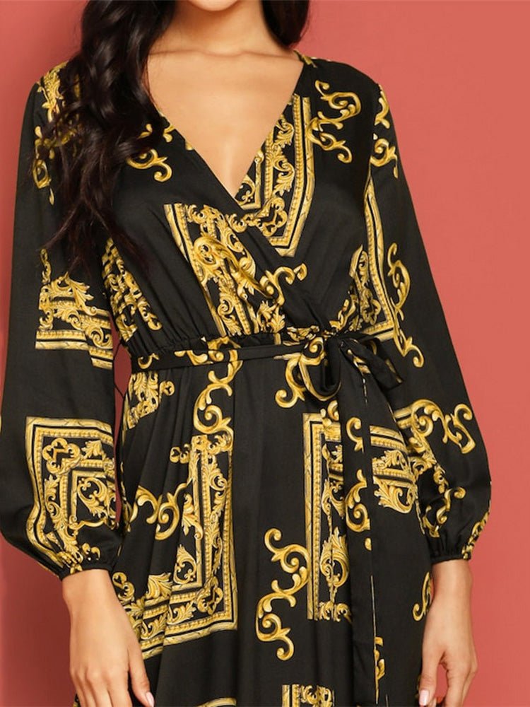 Women's Dresses Printed Lace-Up Long Sleeve Dress