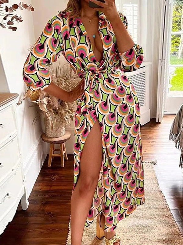 Women's Dresses Printed Lapel Tie Long Sleeve Slit Dress