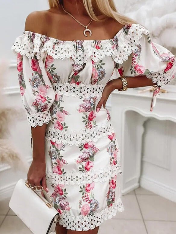 Women's Dresses Printed Off-Shoulder Lace Short Sleeve Dress