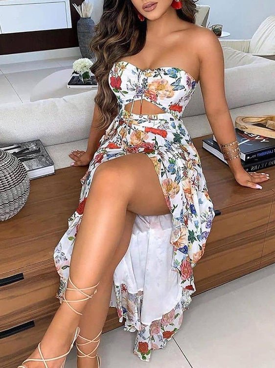 Women's Dresses Printed Off-The-Shoulder Ruffled Slit Dress