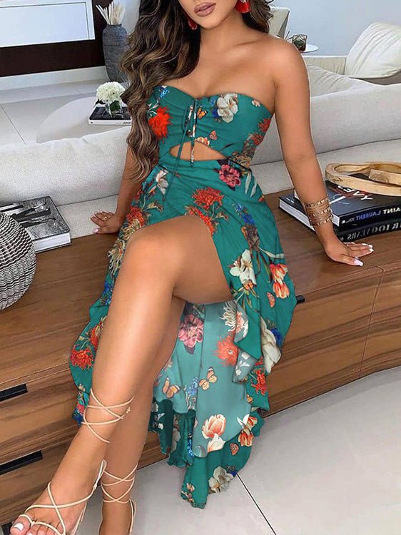 Women's Dresses Printed Off-The-Shoulder Ruffled Slit Dress