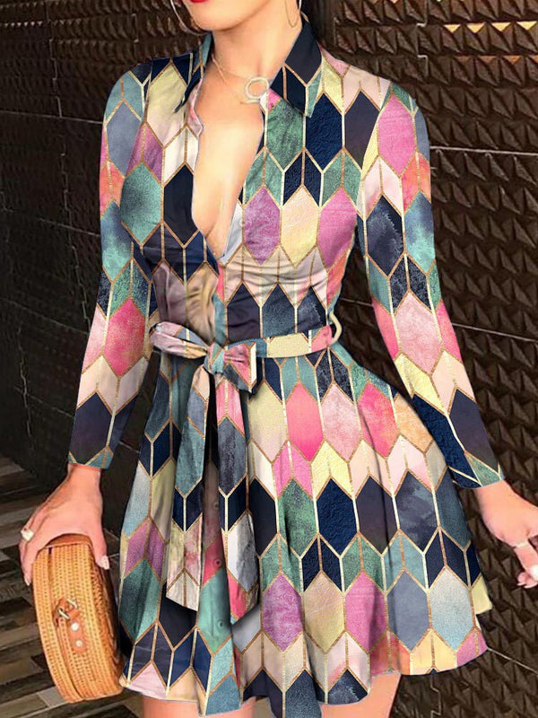 Women's Dresses Printed Shirt Neck Tie Long Sleeve Dress