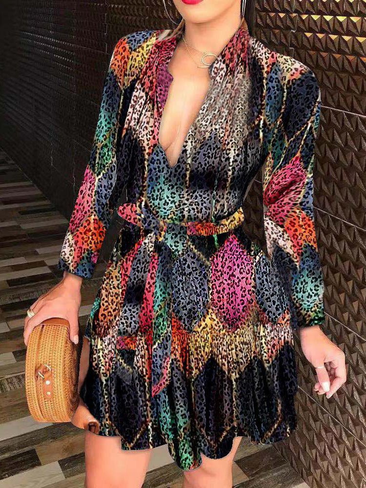 Women's Dresses Printed Shirt Neck Tie Long Sleeve Dress