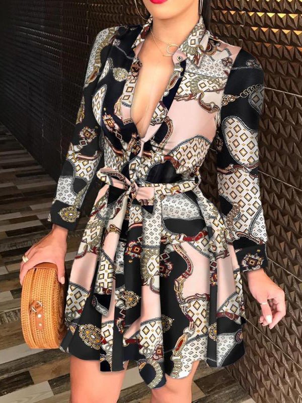 Women's Dresses Printed Shirt Neck Tie Long Sleeve Dress