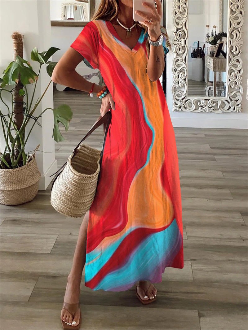 Women's Dresses Printed Short Sleeve V-Neck Slit Dress