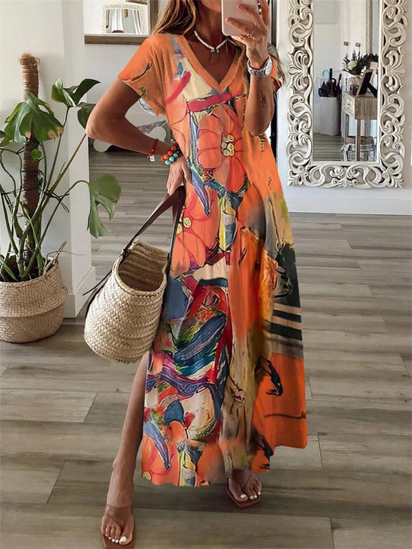 Women's Dresses Printed Short Sleeve V-Neck Slit Dress