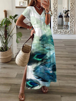 Women's Dresses Printed Short Sleeve V-Neck Slit Dress