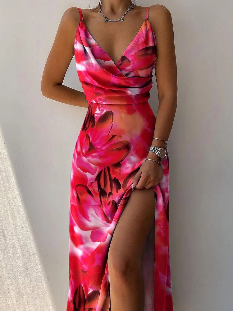 Women's Dresses Printed Sling V-Neck Slit Dress