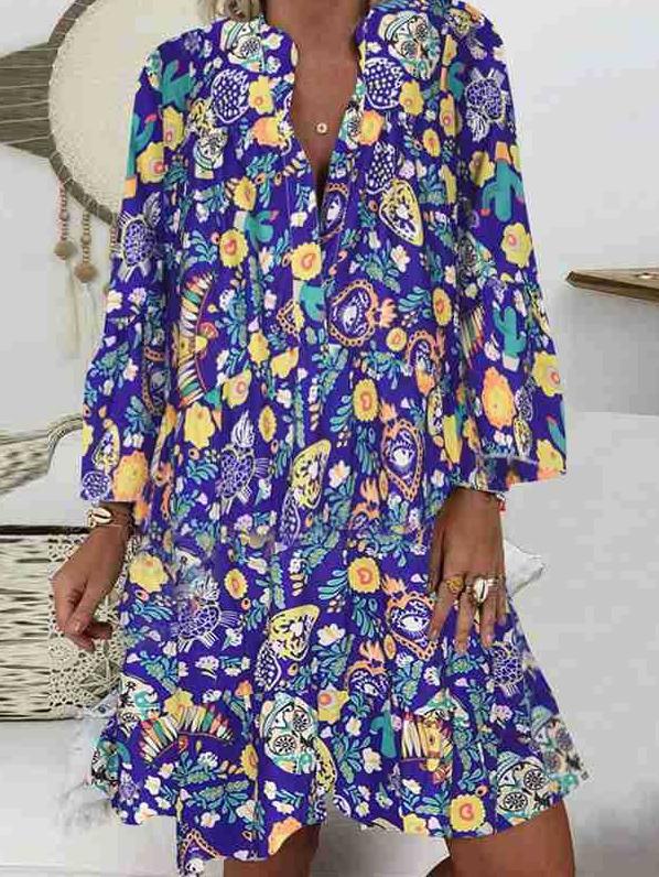 Printed Stand Collar Button Ruffled Long Sleeve Dress