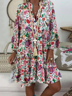 Printed Stand Collar Button Ruffled Long Sleeve Dress