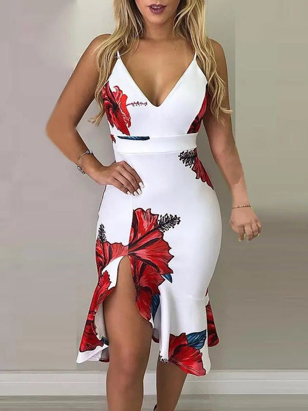 Women's Dresses Printed Suspenders Irregular Tight Dress