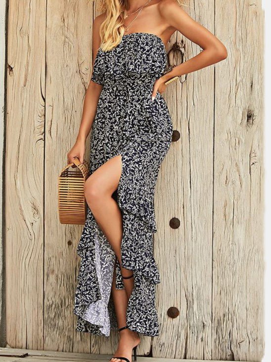 Women's Dresses Printed Tube Top Ruffled Slit Dress