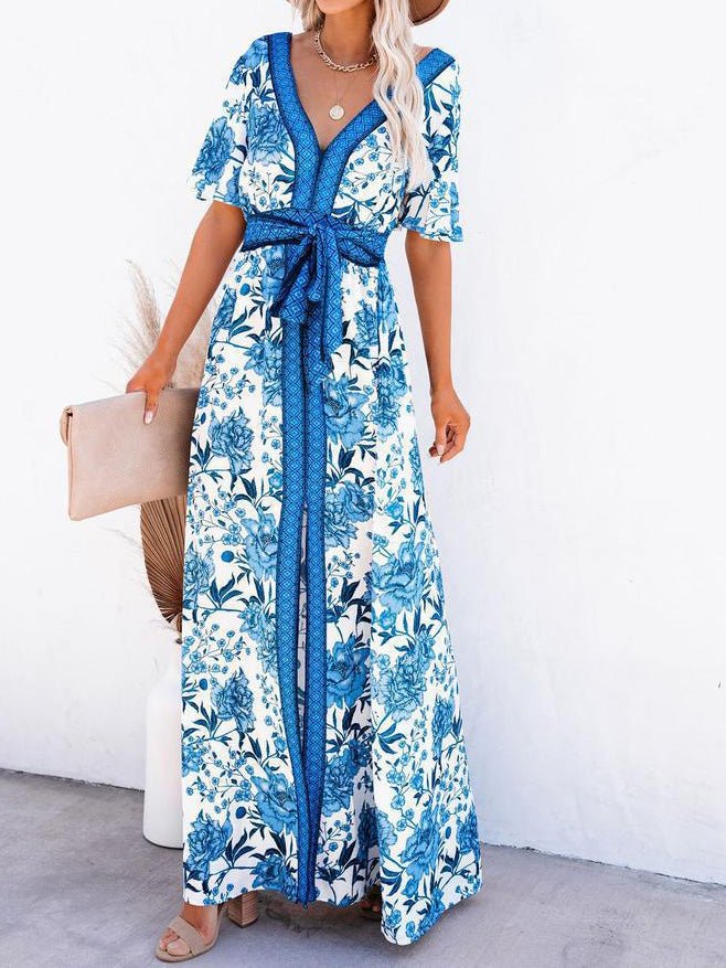 Women's Dresses Printed V-Neck Belted Elegant Slit Dress