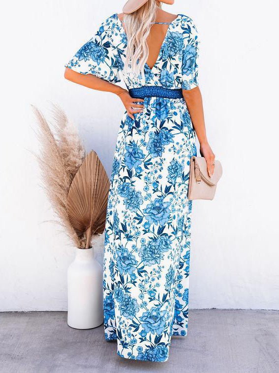 Women's Dresses Printed V-Neck Belted Elegant Slit Dress