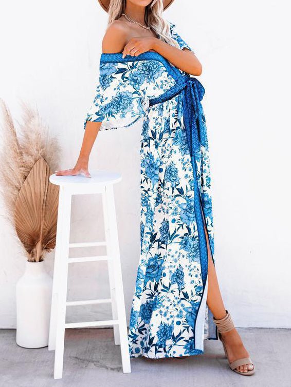 Women's Dresses Printed V-Neck Belted Elegant Slit Dress