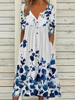 Women's Dresses Printed V-Neck Button Pocket Short Sleeve Dress