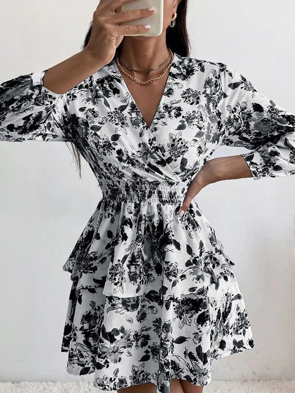 Women's Dresses Printed V-Neck Elastic Waist Long Sleeve Dress