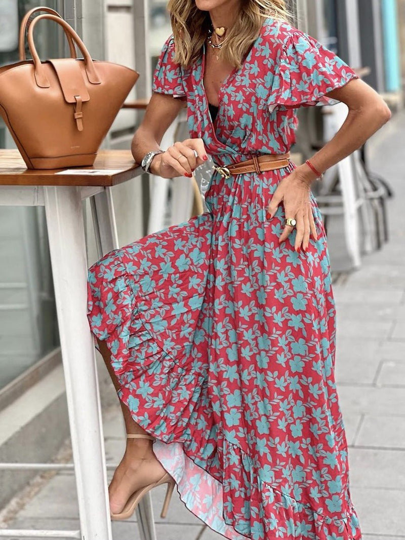 Women's Dresses Printed V-Neck High Waist Ruffle Dress