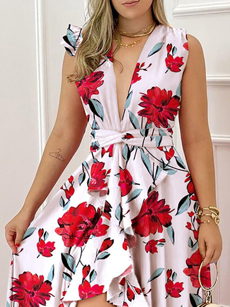 Women's Dresses Printed V-Neck Irregular Ruffle Dress