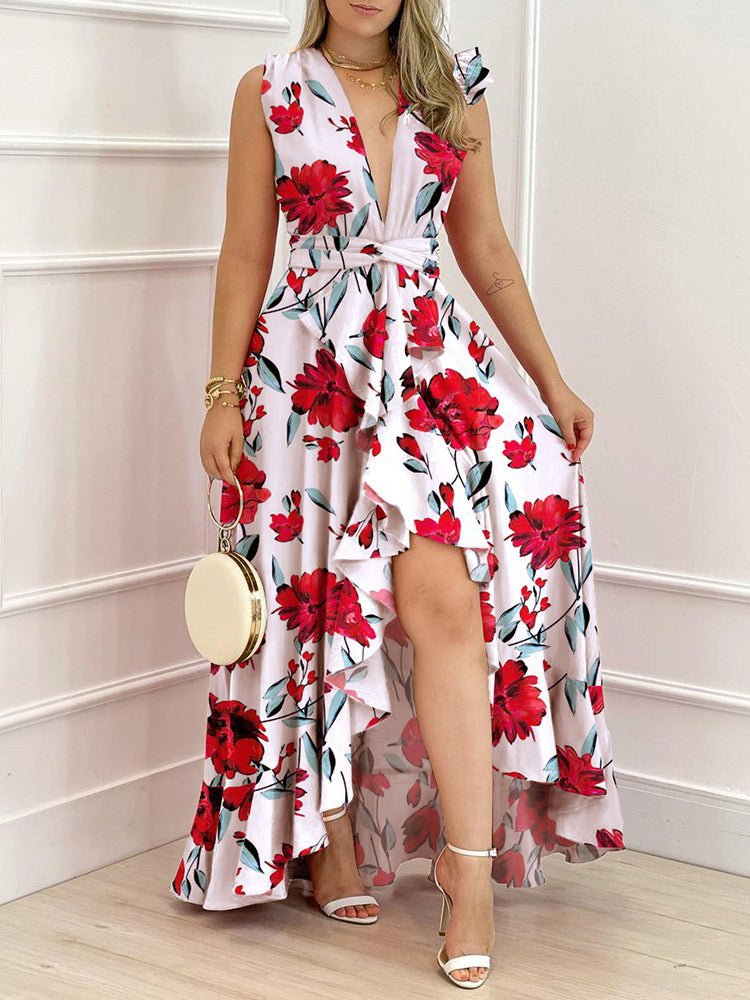 Women's Dresses Printed V-Neck Irregular Ruffle Dress