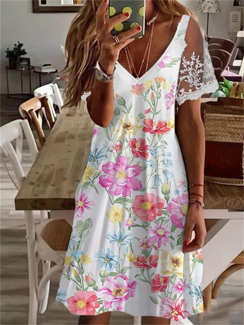 Women's Dresses Printed V-Neck Lace Sleeve Dress