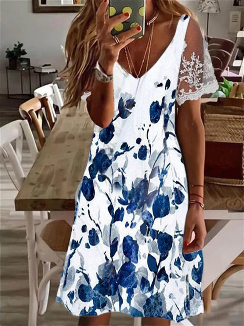 Women's Dresses Printed V-Neck Lace Sleeve Dress