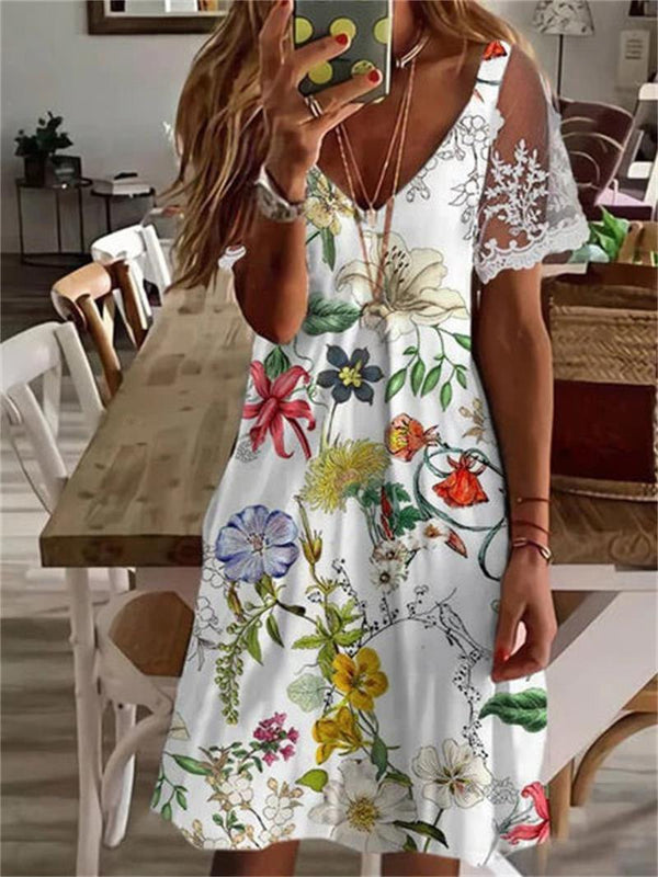 Women's Dresses Printed V-Neck Lace Sleeve Dress