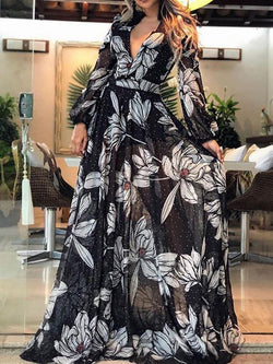 Women's Dresses Printed V-Neck Long Sleeve Dress