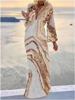 Women's Dresses Printed V-Neck Long Sleeve Dress