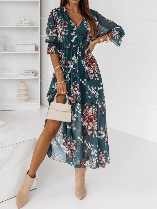 Women's Dresses Printed V-Neck Long Sleeve Slit Chiffon Dress