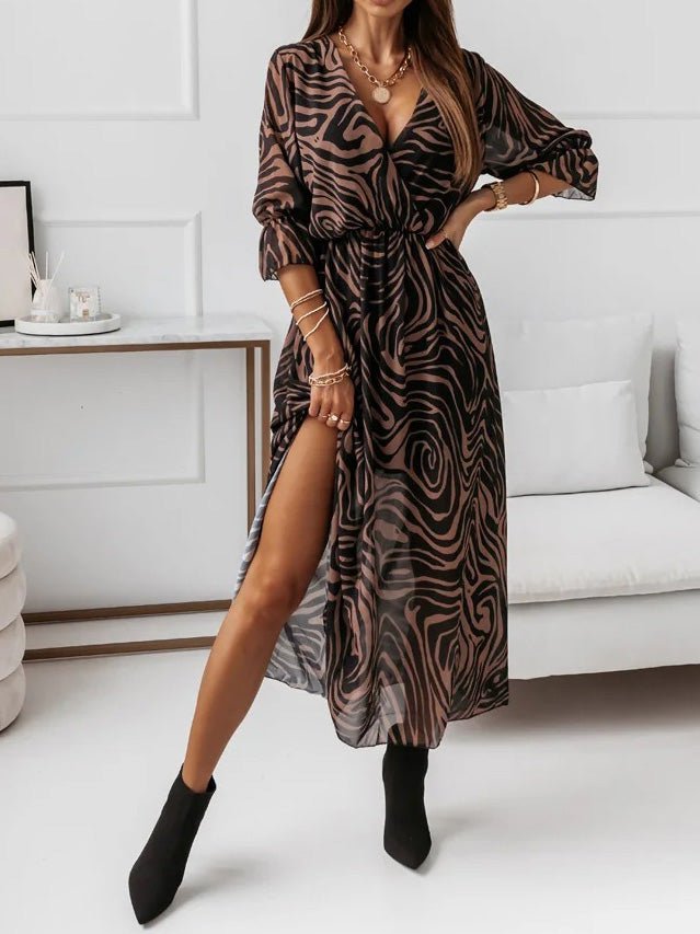 Women's Dresses Printed V-Neck Long Sleeve Slit Chiffon Dress