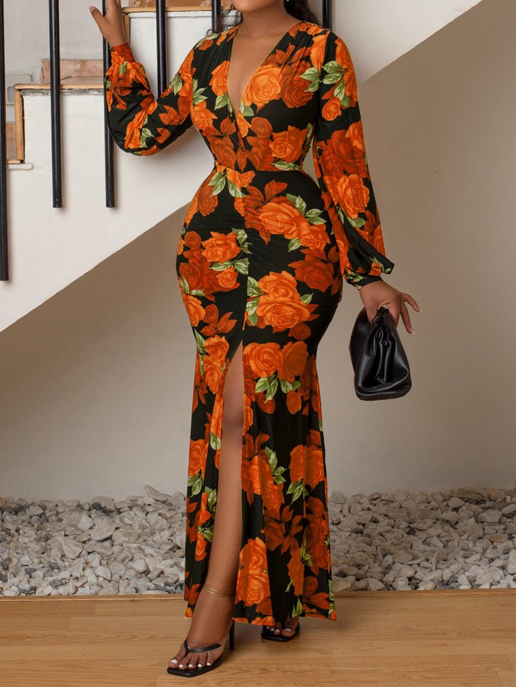 Women's Dresses Printed V-Neck Long Sleeve Slit Dress