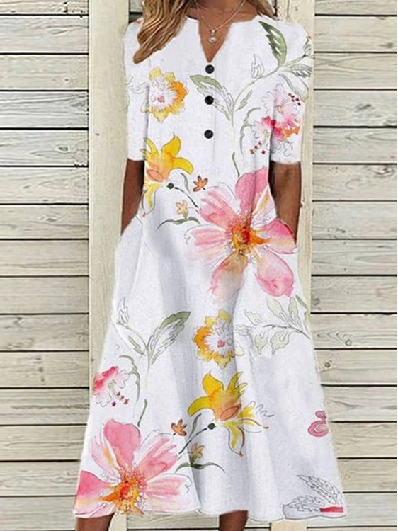 Women's Dresses Printed V-Neck Mid Sleeve Pocket Dress