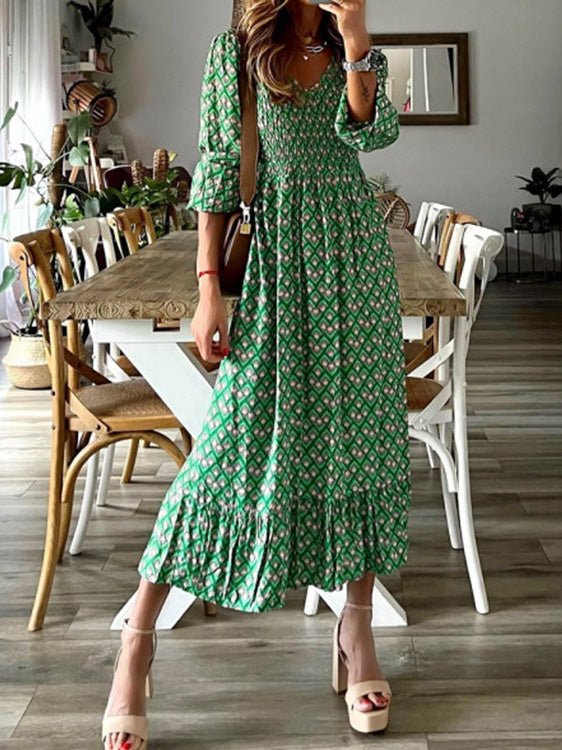 Women's Dresses Printed V-Neck Mid-Sleeve Ruffle Dress