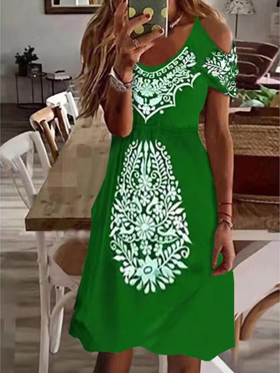 Women's Dresses Printed V-Neck Off-Shoulder Short Sleeve Dress