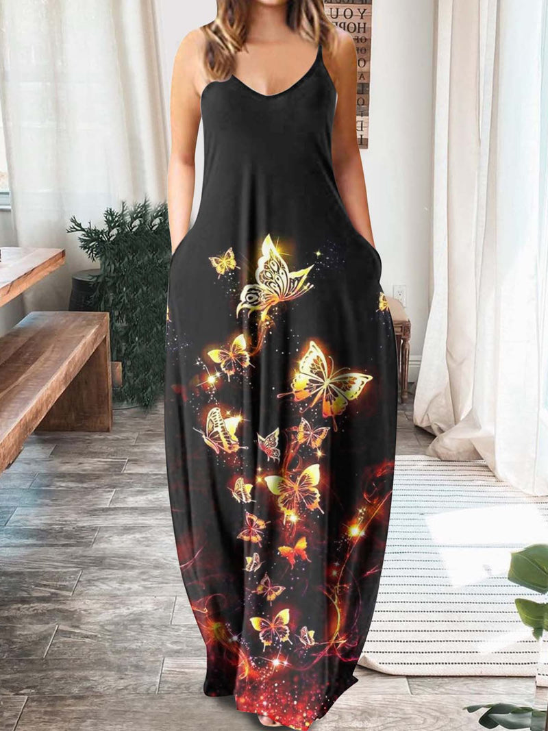 Women's Dresses Printed V-Neck Sling Pocket Sleeveless Dress