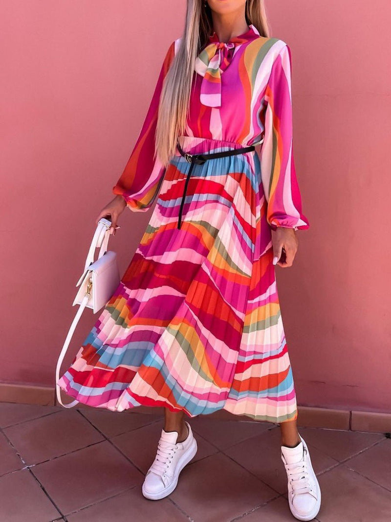 Women's Dresses Rainbow Print Belt Long Sleeve Dress