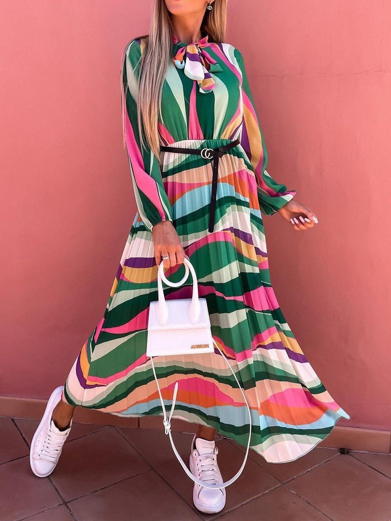 Women's Dresses Rainbow Print Belt Long Sleeve Dress