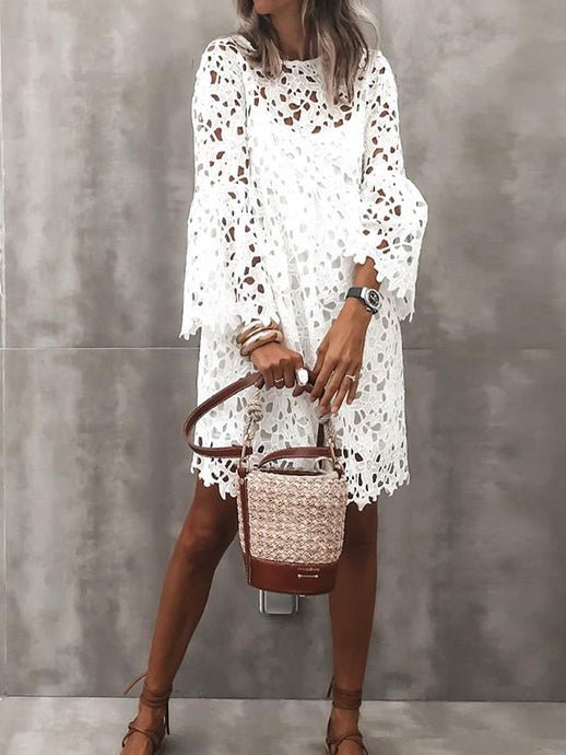 Women's Dresses Round Neck Lace Flare Sleeve Ruffle Dress