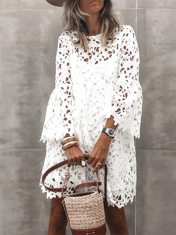 Women's Dresses Round Neck Lace Flare Sleeve Ruffle Dress