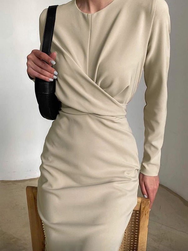 Women's Dresses Round Neck Long Sleeve Slim Slit Midi Dress