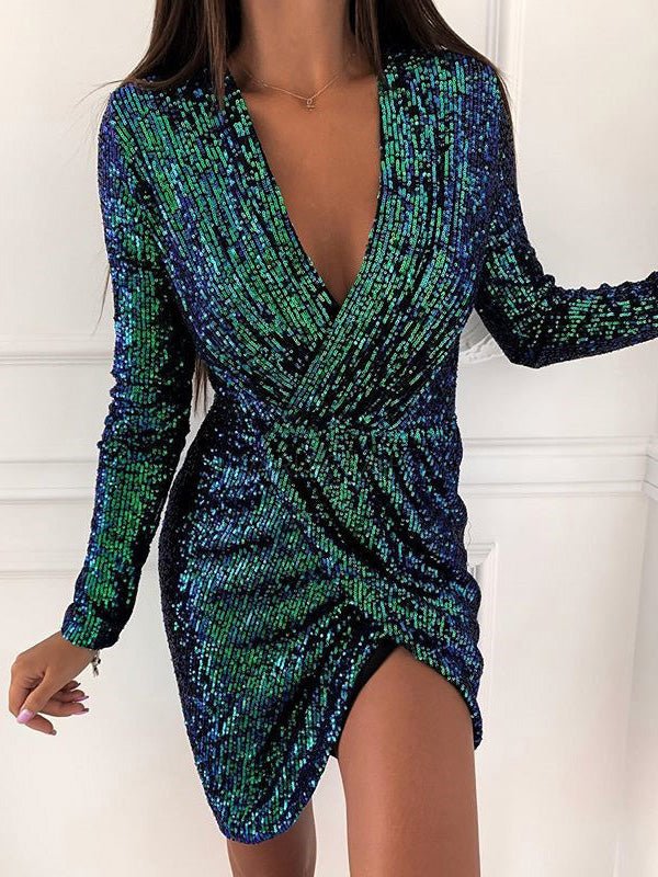 Women's Dresses Sequined V-Neck Long-Sleeve Mini Dress