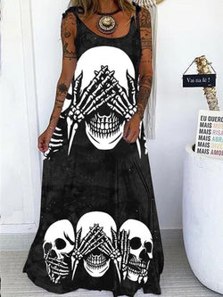 Women's Dresses Skull Print Loose Belted Maxi Dress