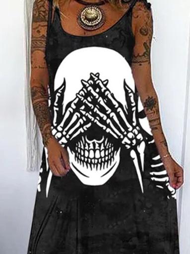 Women's Dresses Skull Print Loose Belted Maxi Dress