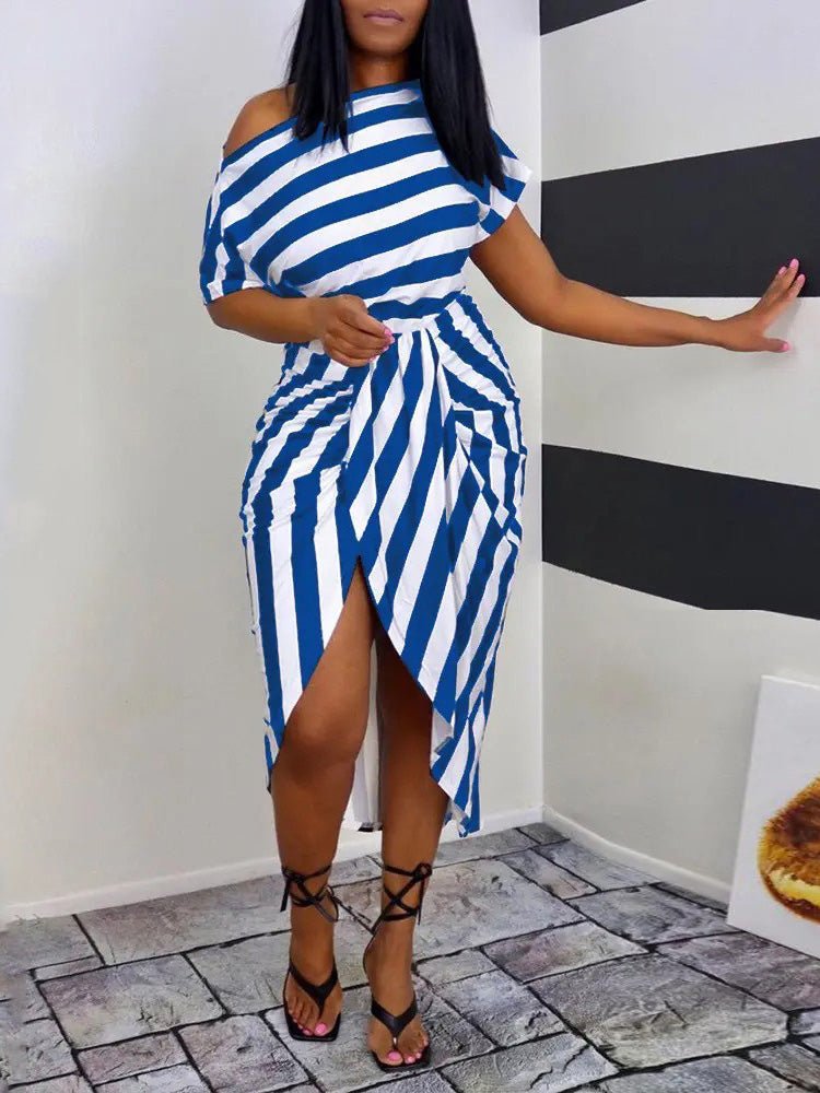 Women's Dresses Slanted Neck Striped Print Short Sleeve Irregular Dress