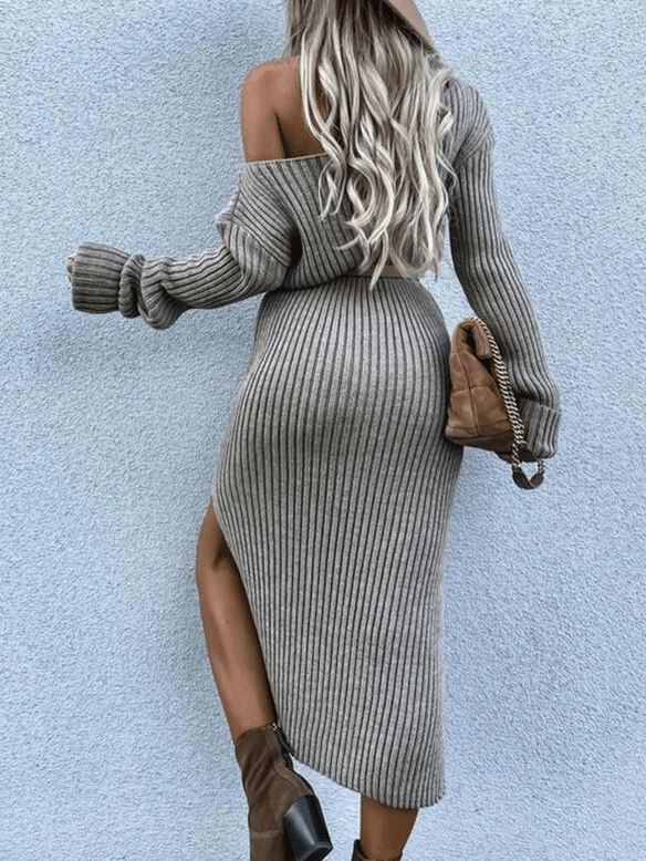 Slanted Shoulder Long Sleeve Split Dress