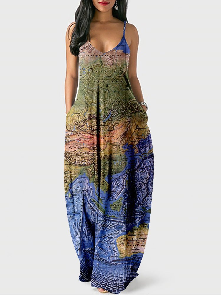 Women's Dresses Sling Map Print Pocket Dress