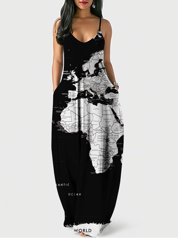 Women's Dresses Sling Map Print Pocket Dress