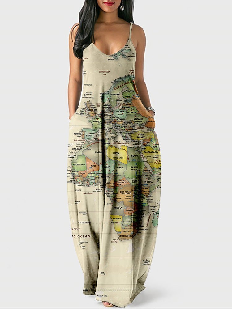 Women's Dresses Sling Map Print Pocket Dress