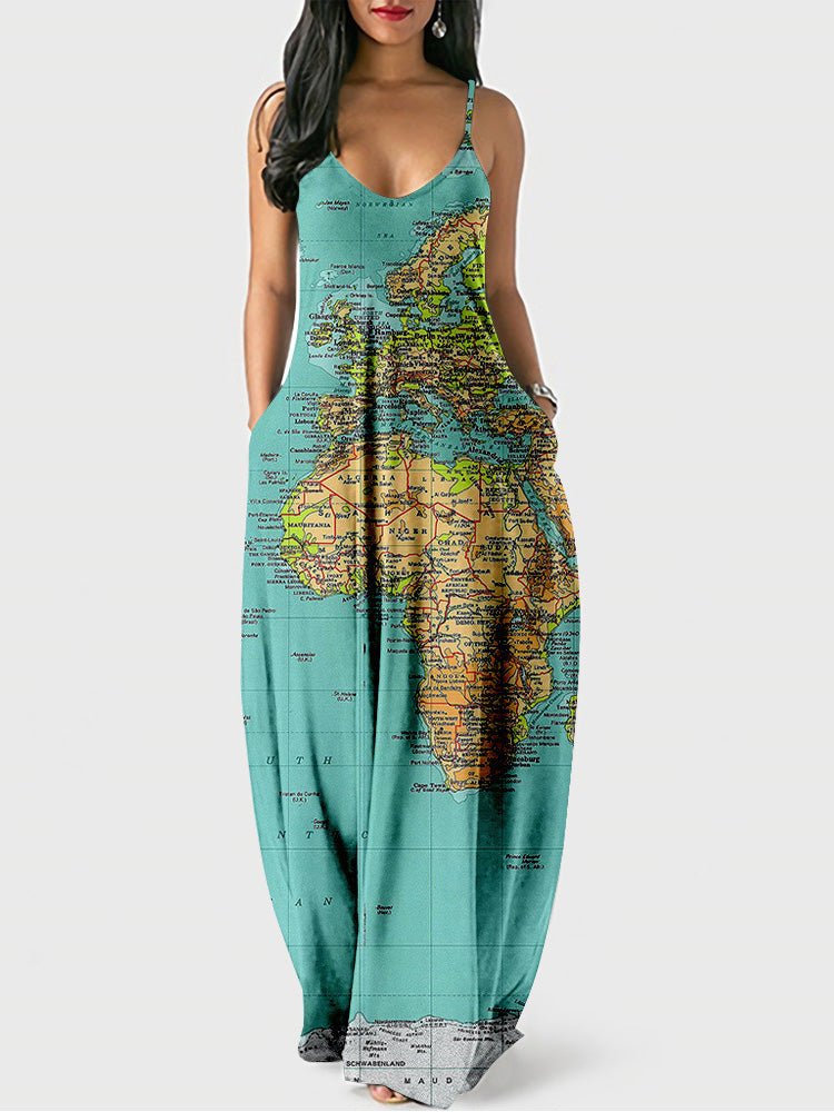 Women's Dresses Sling Map Print Pocket Dress